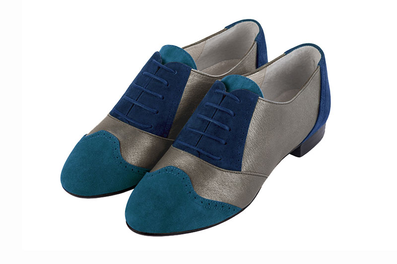 Peacock blue and taupe brown women's fashion lace-up shoes. Round toe. Flat leather soles. Front view - Florence KOOIJMAN